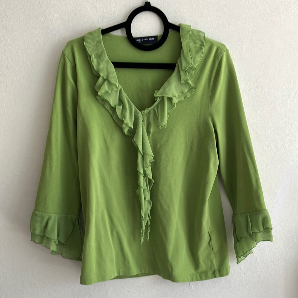 Jones New York | Long Sleeve Lime Green V Neck Top with Flowy Details